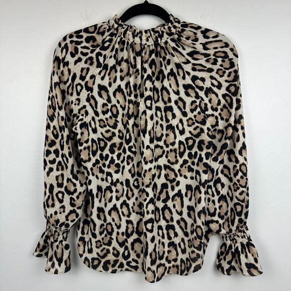 Loft Womens Balloon Sleeve Bell Cuff Mock Neck Leopard Print Beige Blouse XS - Picture 1 of 8